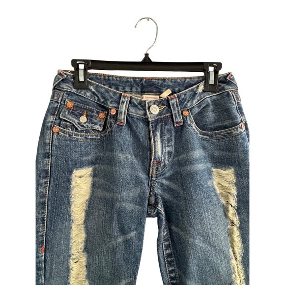 vintage True Religion Women’s Distressed Flare Jeans Size 28 Blue Denim Made In - Picture 6 of 11